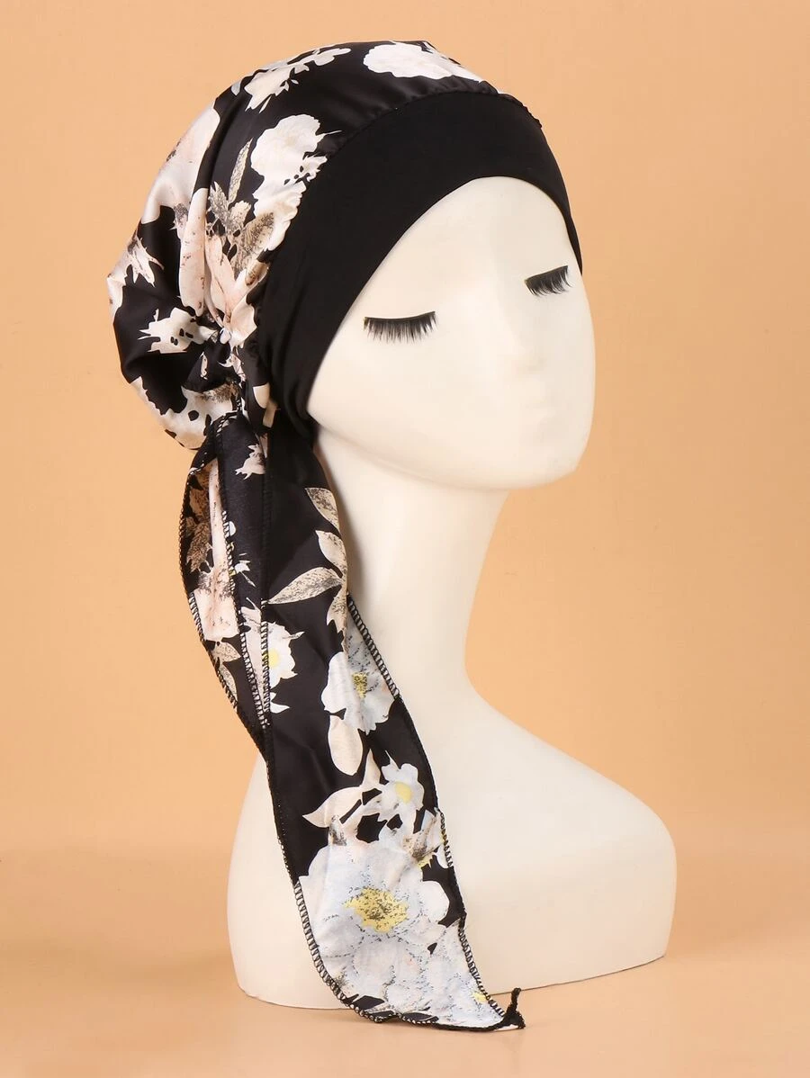 印花长尾头巾波西米亚丝绸睡帽缎面睡帽 - 黑色 - 查看 1