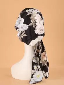 印花长尾头巾波西米亚丝绸睡帽缎面睡帽 - 黑色 - 查看 2
