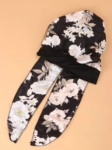 印花长尾头巾波西米亚丝绸睡帽缎面睡帽 - 黑色 - 查看 3