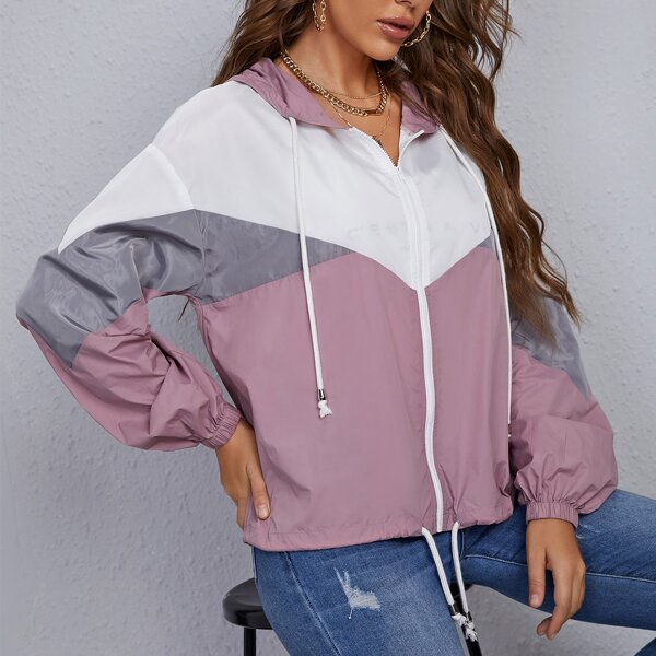 

Drawstring Detail Lantern Sleeve Colorblock Wind Jacket, Multicolor