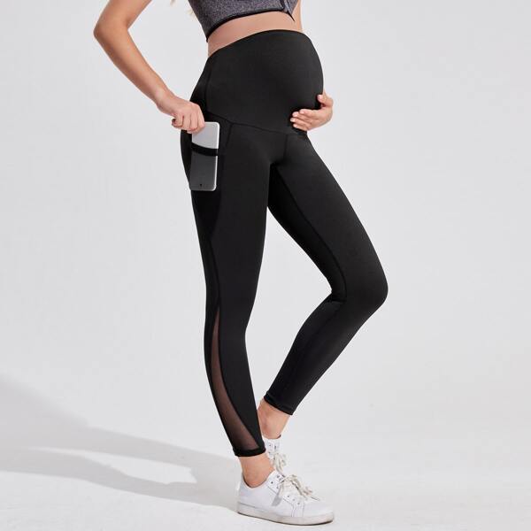 

Maternity Contrast Mesh Leggings With Phone Pocket, Black