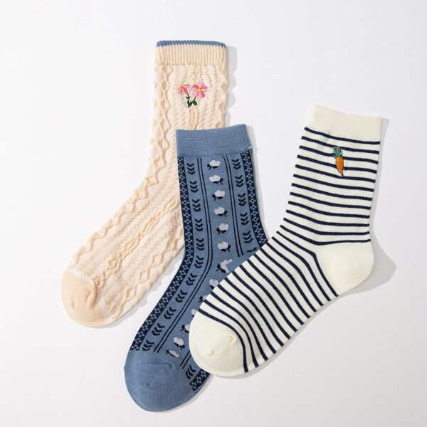 

3pairs Flower Print Crew Socks, Multicolor