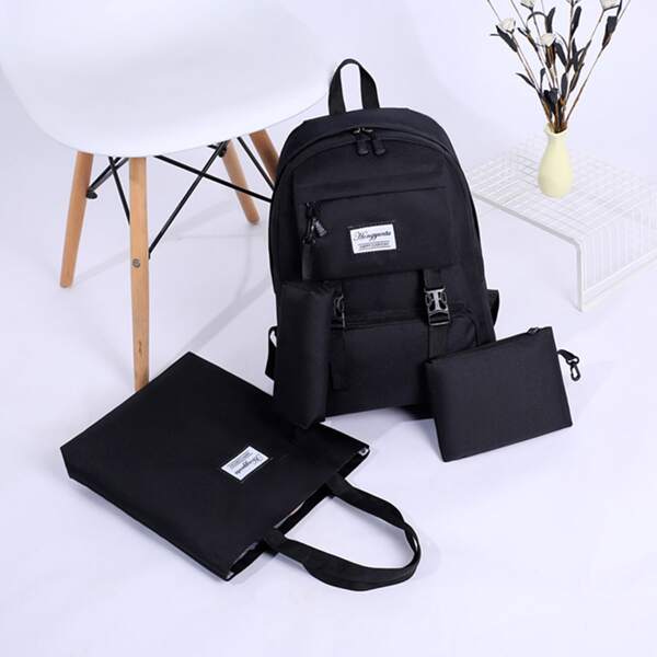 

4pcs Girls Letter Patch Backpack Set, Black