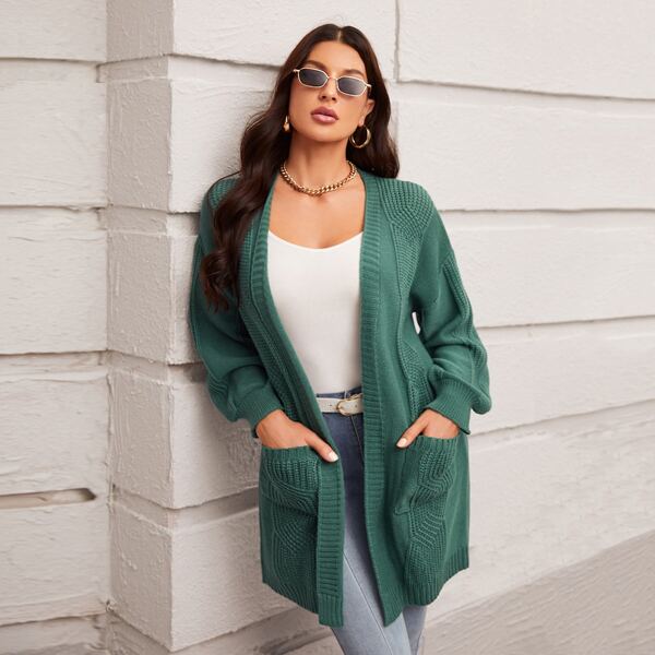 

Solid Open Front Pocket Detail Drop Shoulder Cardigan, Dark green