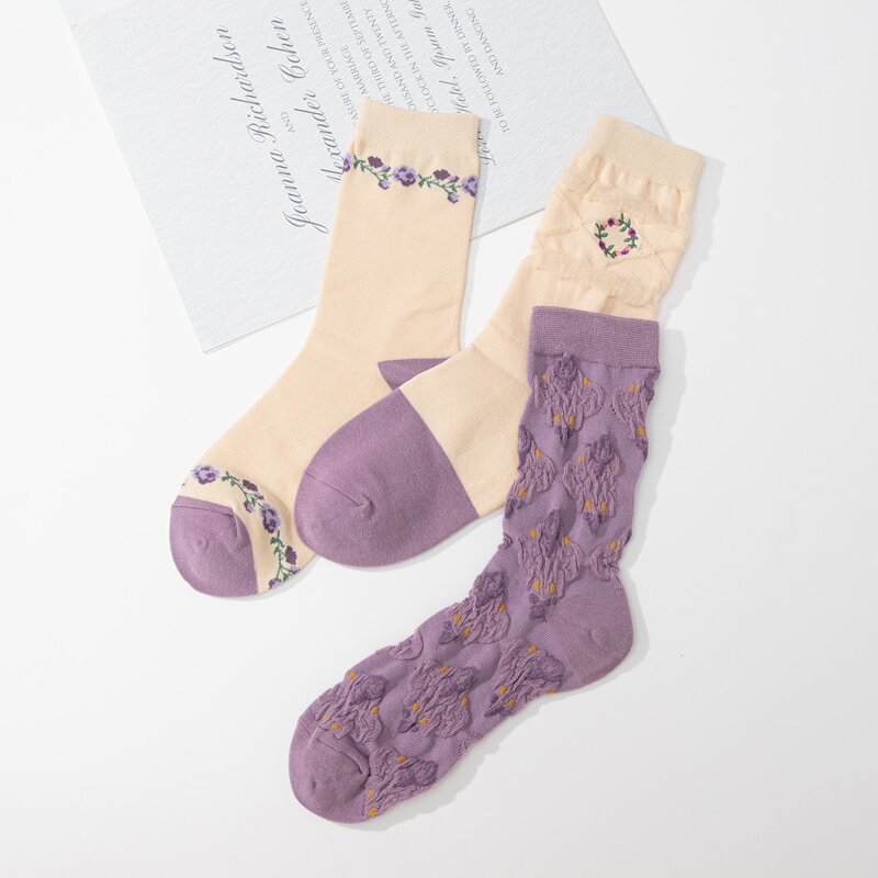 

3pairs Flower Print Crew Socks, Multicolor
