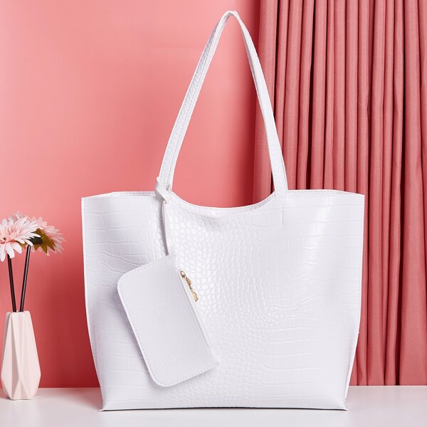 

Croc Embossed Shoulder Tote Bag With Small Wallet, White
