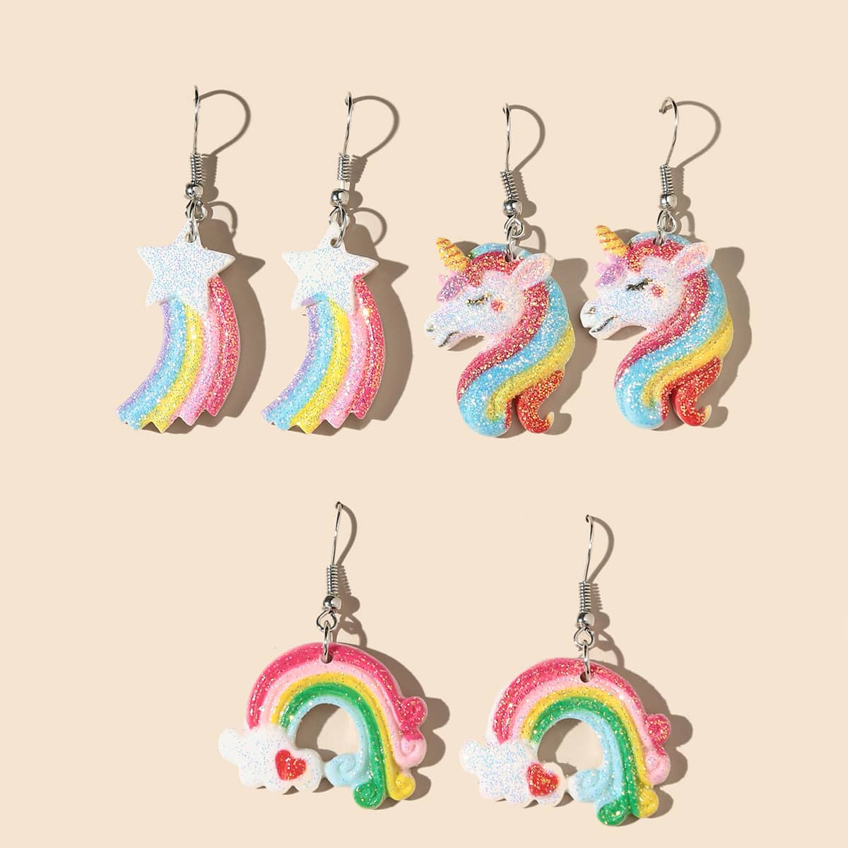 

3pairs Rainbow Decor Earrings, Multicolor