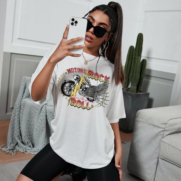 

Motorcycle And Letter Graphic Drop Shoulder Tee, White