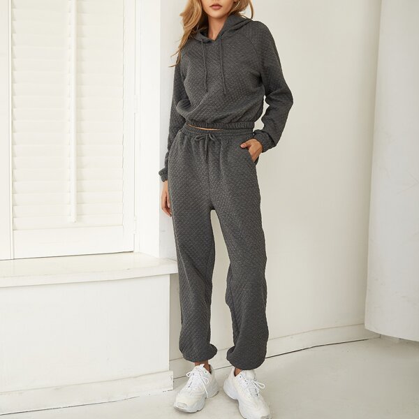 

Quilted Raglan Sleeve Hoodie & Drawstring Waist Sweatpants, Dark grey