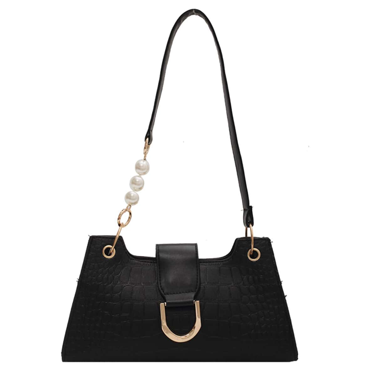

Metal Decor Croc Embossed Shoulder Bag, Black