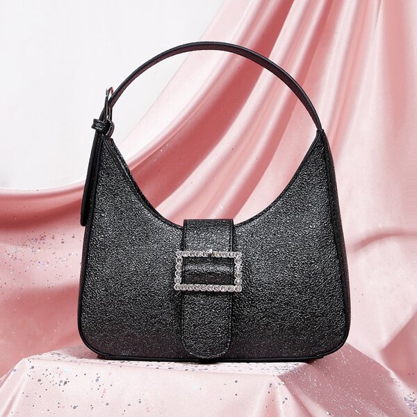 

Buckle Decor Baguette Bag, Black