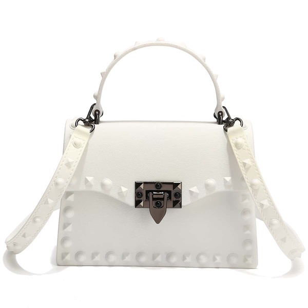 

Studded Decor Flap Square Bag, White