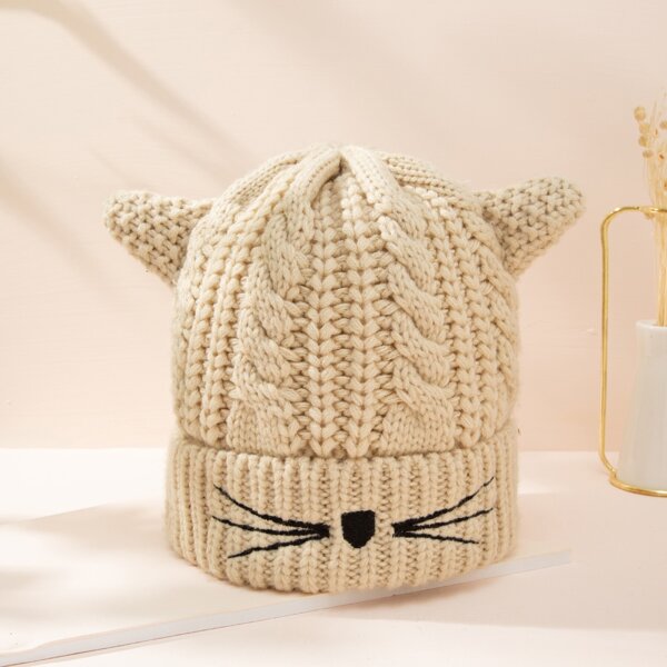 

Cartoon Embroidered Knitted Hat, Beige