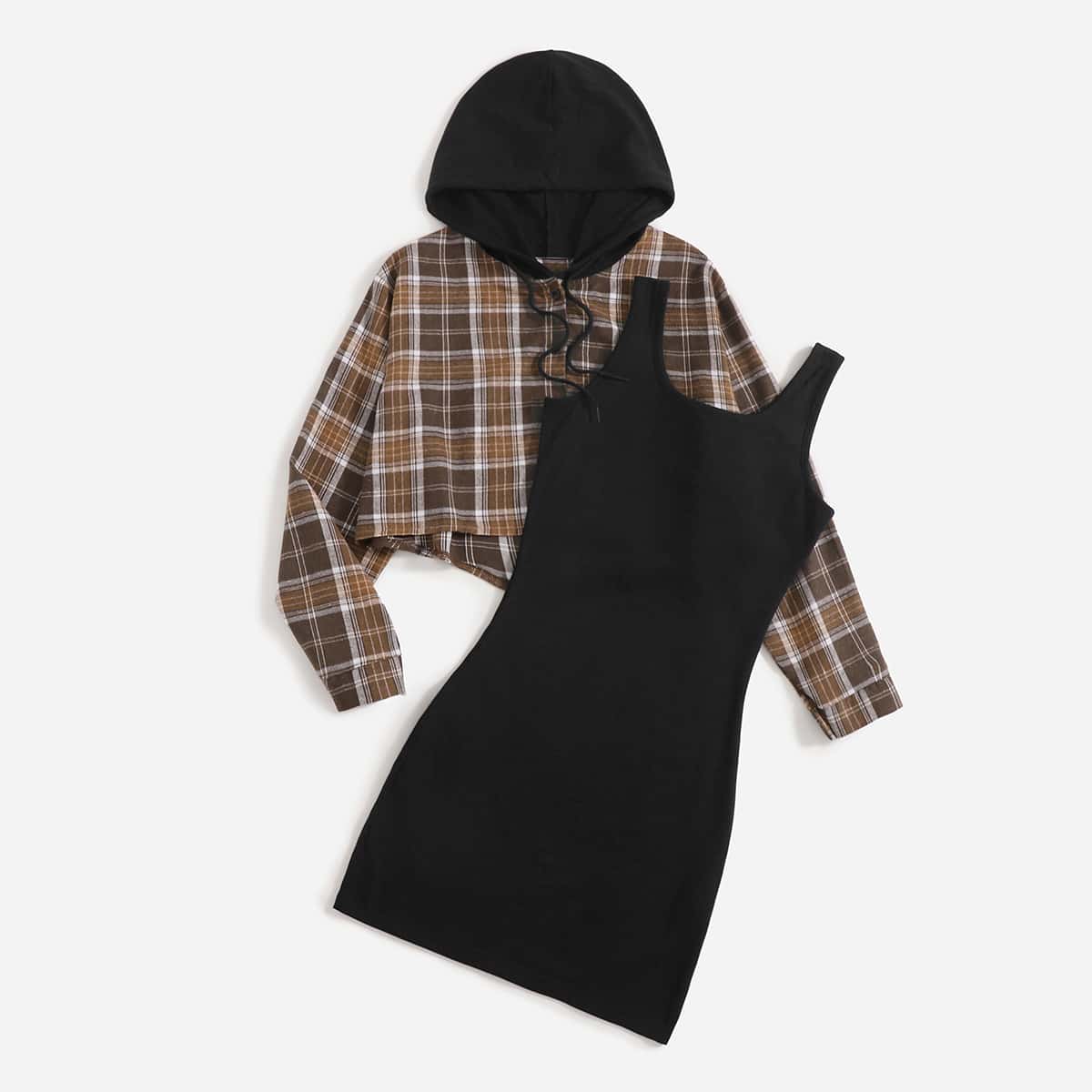 

Plaid Print Hooded Blouse & Tank Dress, Multicolor