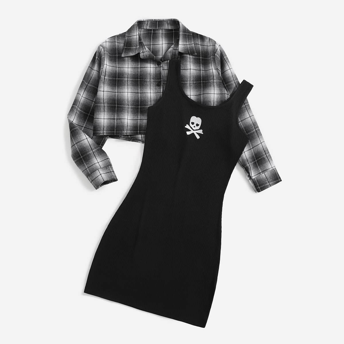 

Plaid Print Blouse & Skeleton Print Tank Dress, Black and white
