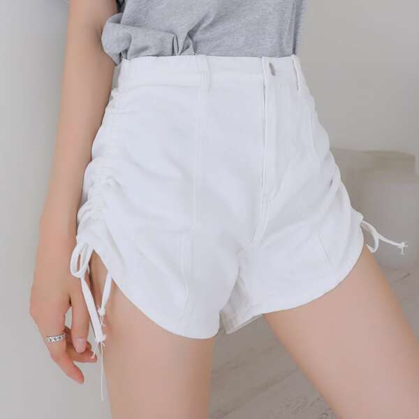 

High Waist Drawstring Denim Shorts, White