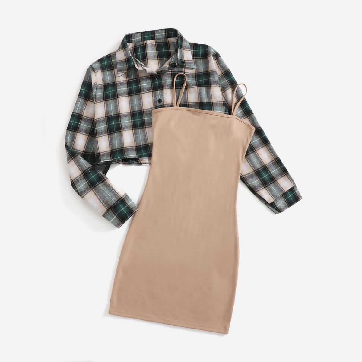 

Solid Cami Dress & Plaid Button Front Blouse, Multicolor