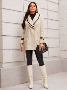 SHEIN 青果領雙排釦口袋貼布花呢外套 - 米色 - 查看 3