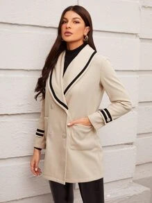 SHEIN 青果領雙排釦口袋貼布花呢外套 - 米色 - 查看 4