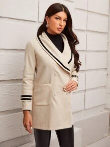 SHEIN 青果領雙排釦口袋貼布花呢外套 - 米色 - 查看 5