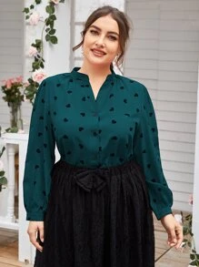Mulvari Plus Notched Neck Heart Print Blouse Women Shirt - Dark Green - View 1