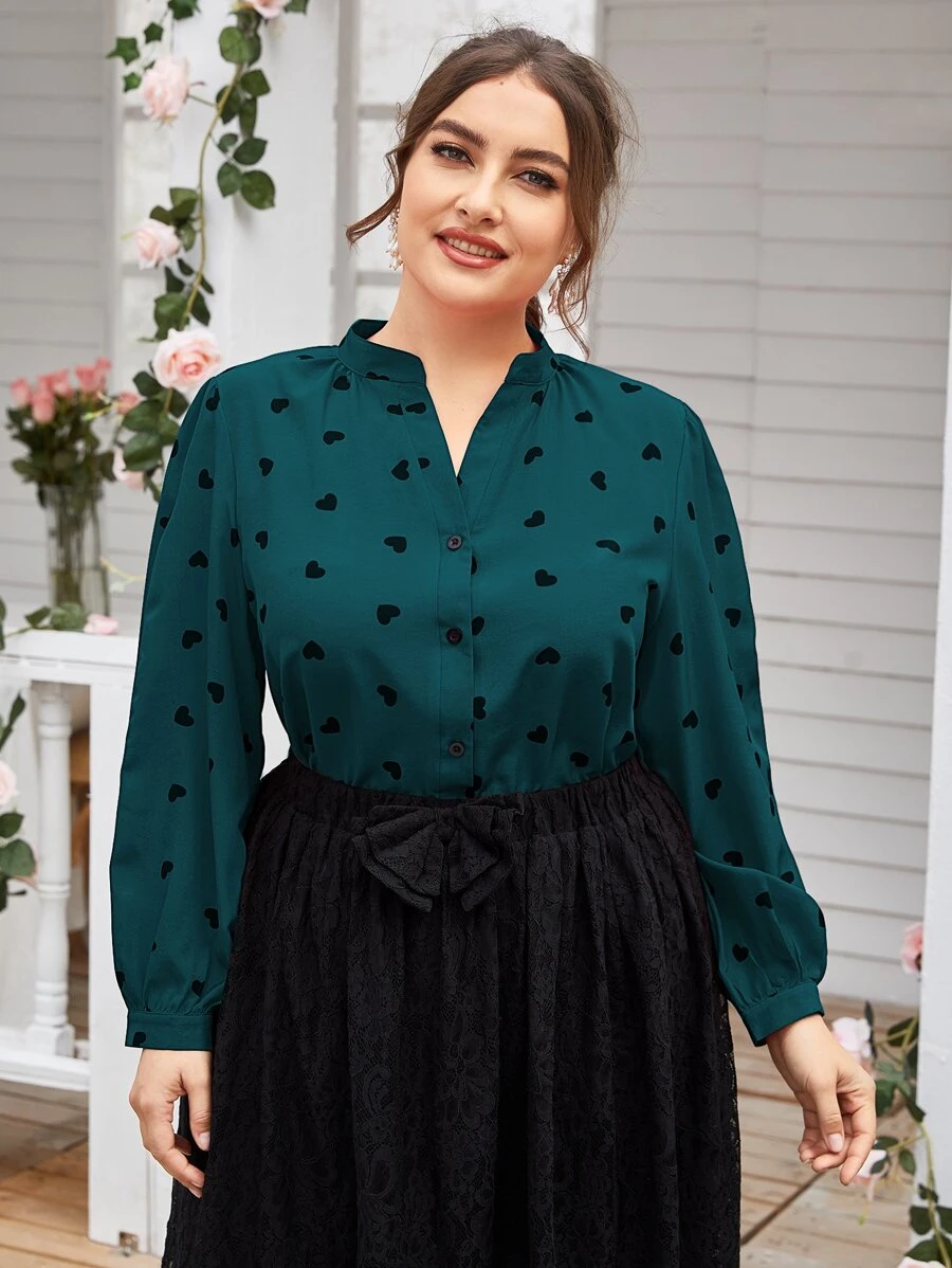 Mulvari Plus Notched Neck Heart Print Blouse Women Shirt - Dark Green - View 1