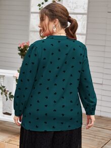 Mulvari Plus Notched Neck Heart Print Blouse Women Shirt - Dark Green - View 2