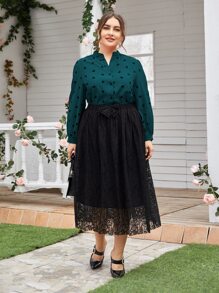 Mulvari Plus Notched Neck Heart Print Blouse Women Shirt - Dark Green - View 3