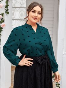 Mulvari Plus Notched Neck Heart Print Blouse Women Shirt - Dark Green - View 4