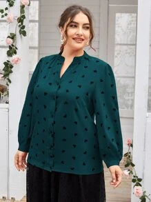 Mulvari Plus Notched Neck Heart Print Blouse Women Shirt - Dark Green - View 5