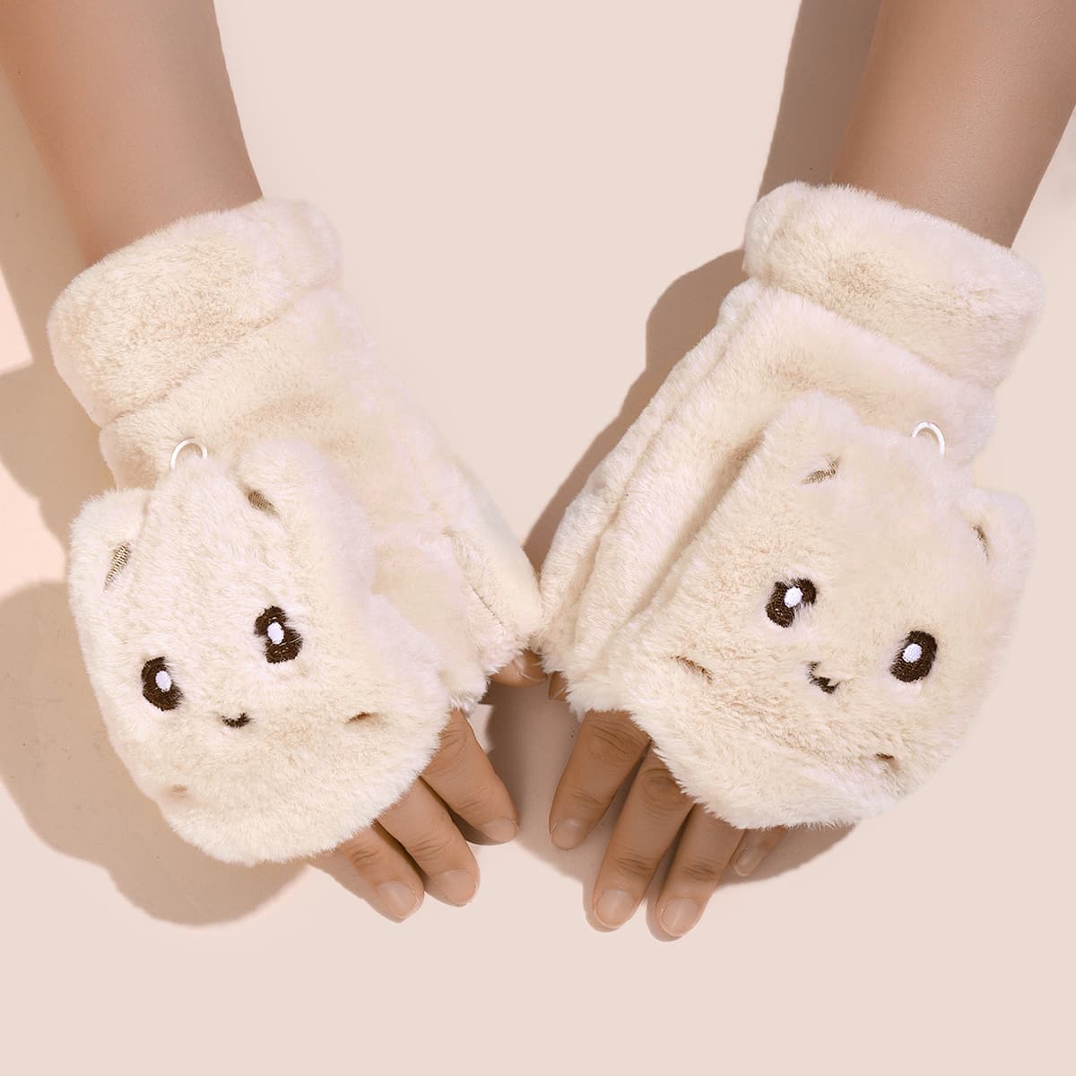 

Cartoon Embroidery Fluffy Gloves, Beige