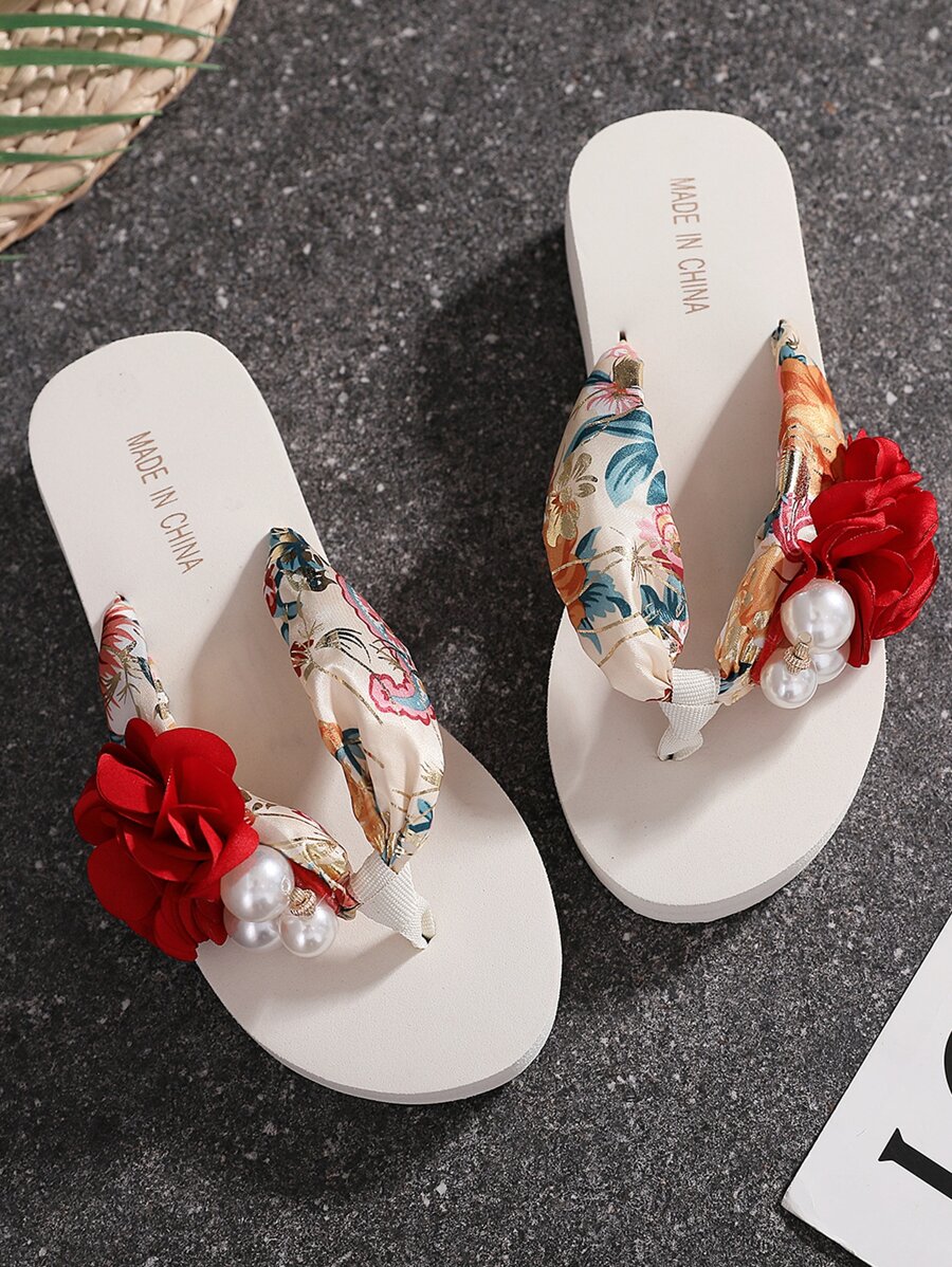 Chancletas con diseño de perla artificial y flor - Multicolor - Ver 1