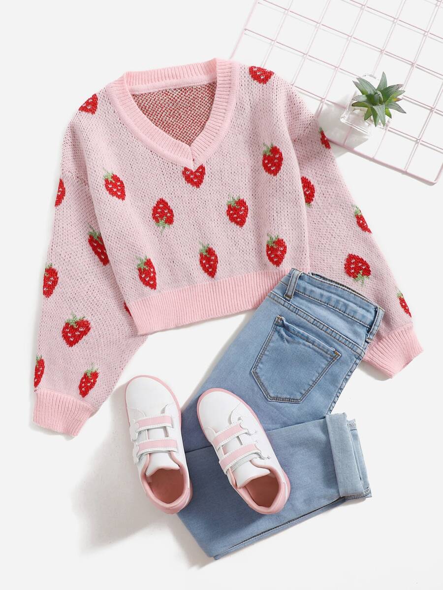 SHEIN Girls Strawberry Pattern Jumper - Multicolor - View 1