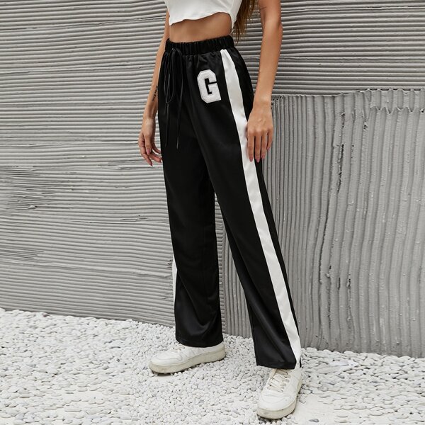 

Letter Patched Contrast Side Seam Tie Front Pants, Black and white
