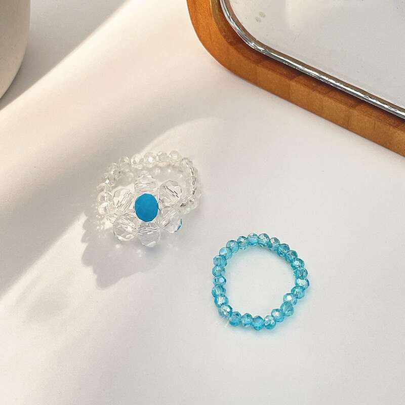 

2pcs Flower Beaded Ring, Blue