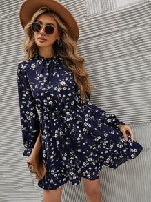 SHEIN LUNE Floral Print Tie Front Flounce Sleeve Ruffle Hem Dress - Navy Blue - View 1