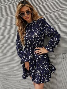SHEIN LUNE Floral Print Tie Front Flounce Sleeve Ruffle Hem Dress - Navy Blue - View 5