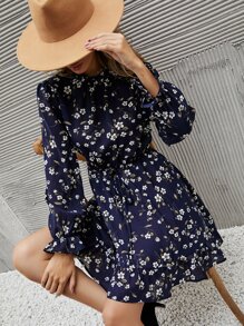 SHEIN LUNE Floral Print Tie Front Flounce Sleeve Ruffle Hem Dress - Navy Blue - View 6