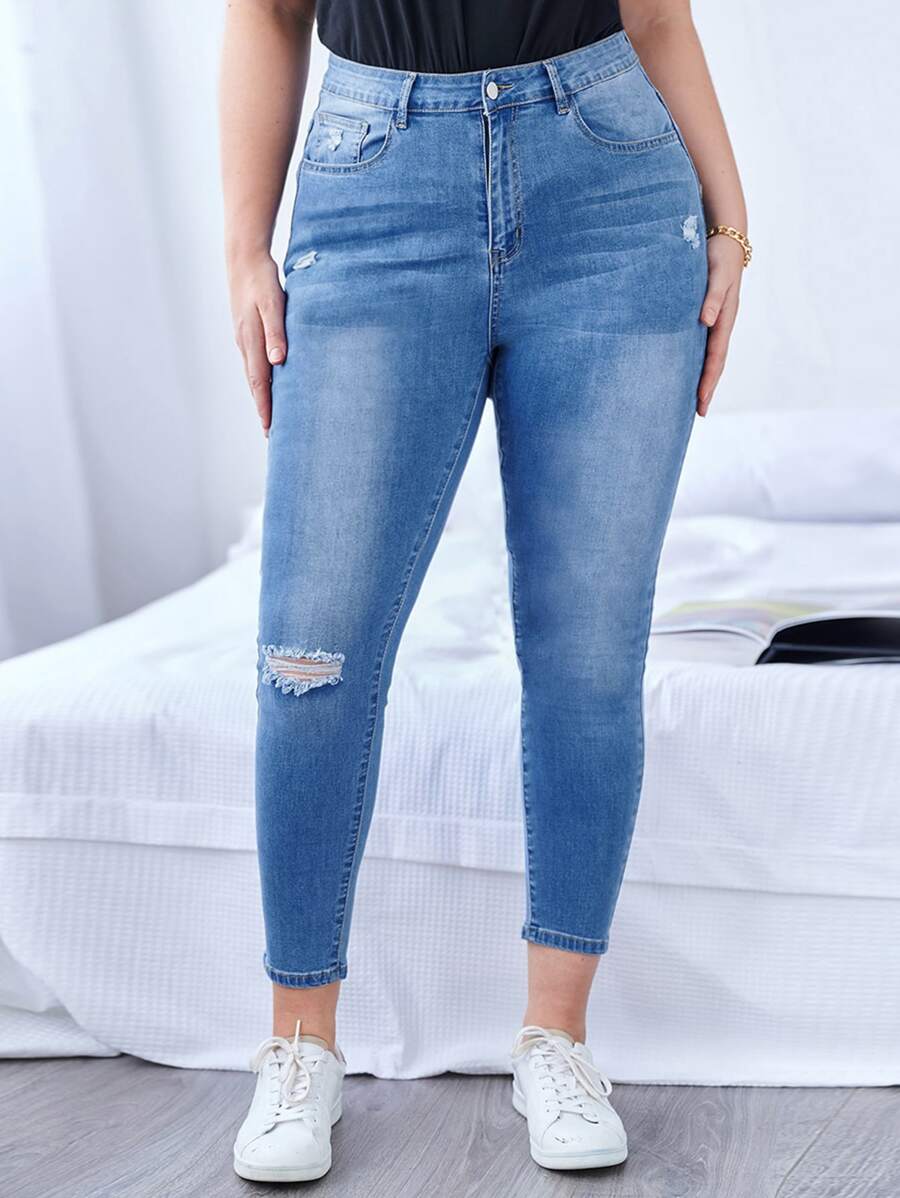 EMERY ROSE Jeans de talle alto desgarro delgado recortado - Azul lavado medio - Ver 1