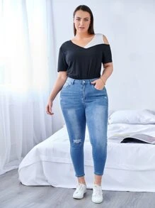 EMERY ROSE Jeans de talle alto desgarro delgado recortado - Azul lavado medio - Ver 3