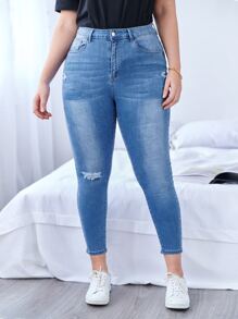 EMERY ROSE Jeans de talle alto desgarro delgado recortado - Azul lavado medio - Ver 4