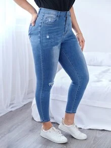 EMERY ROSE Jeans de talle alto desgarro delgado recortado - Azul lavado medio - Ver 5