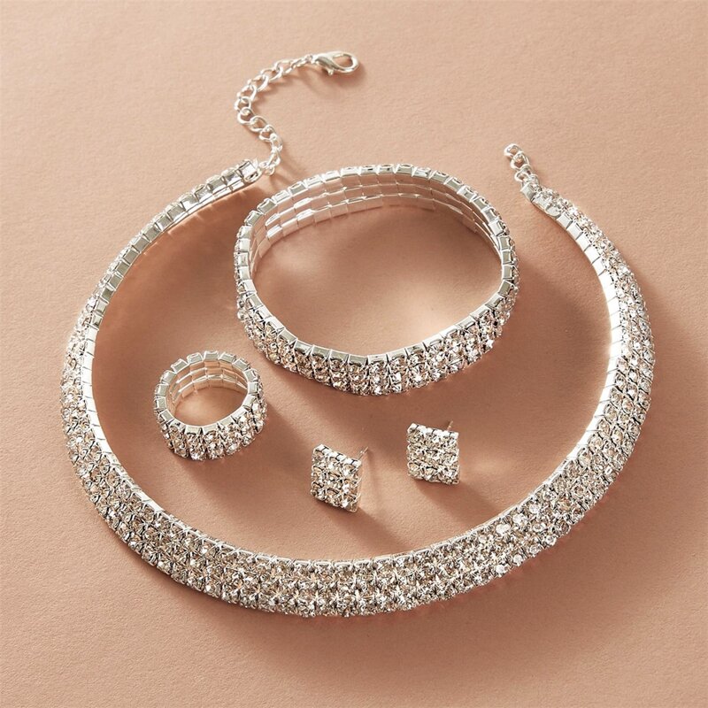 

5pcs Rhinestone Decor Jewelry Set, Silver