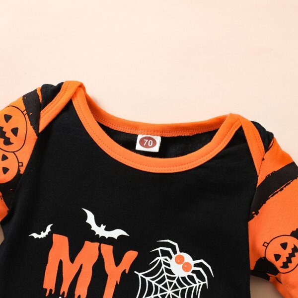 

Baby Halloween Slogan And Pumpkin Print Jumpsuit With Hat, Black