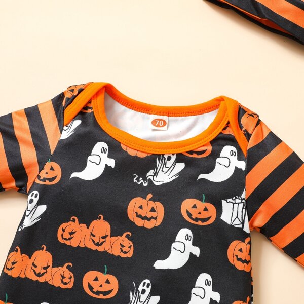 

Baby Halloween Pumpkin & Ghost Print Striped Jumpsuit With Hat, Multicolor