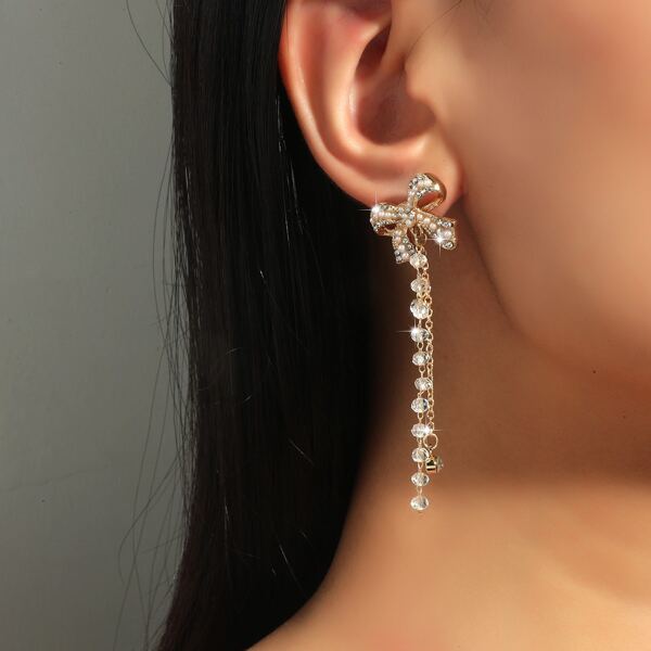 

Rhinestone & Bow Decor Drop Earrings, Gold