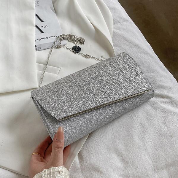 

Glitter Flap Square Bag, Silver