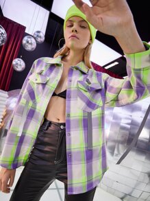 SHEIN Plaid Flap Pocket Button Front Roll Up Sleeve Shirt - Multicolor - View 1