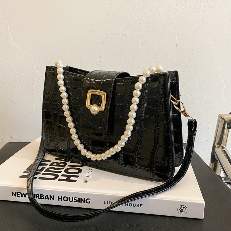 

Faux Pearl Decor Croc Embossed Shoulder Bag, Black