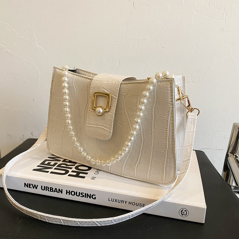 

Faux Pearl Decor Croc Embossed Shoulder Bag, White
